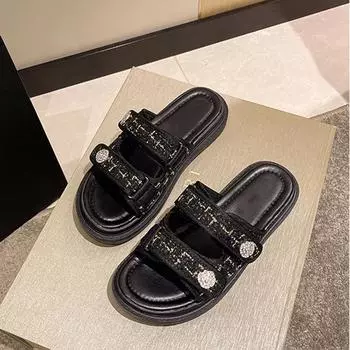 2024 Роскошные женские сандалии Женские тапочки на платформе Дизайнерские шлепанцы Повседневные пляжные тапочки с липучками Нескользящие шлепанцы 5 чёрный