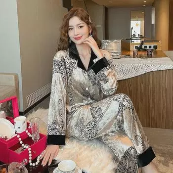 2024 Роскошный леопардовый принт Золотой бархат пижамный комплект для женщин - Высококачественная домашняя одежда осень/зима 2XL