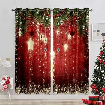 2024 Рождественская тематика Колокольчики Воздушные шары С Новым годом Рождественская елка Красный Зеленый Детская Спальня Гостиная Домашний декор Шторы 50W130H(CM)X2PCS&Grommet Top