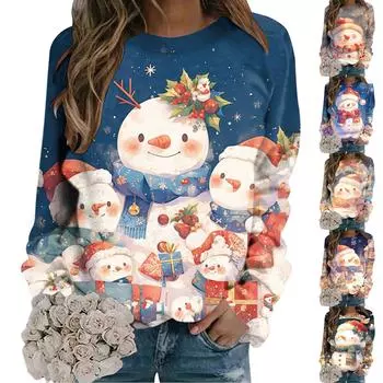 2024 Рождественская толстовка для женщин Harajuku Олень Принт Спортивный костюм Длинный рукав O-образный вырез Пуловер Фестиваль Уличная одежда S