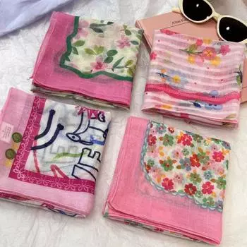 2024 Розовый пасторальный цветочный шелковый платок и повязка на голову для женщин