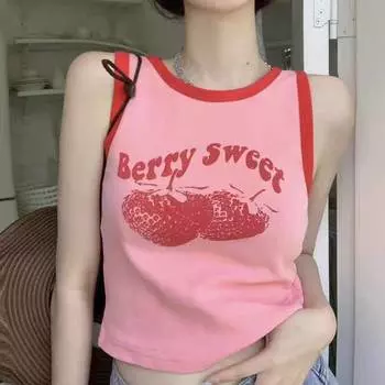 2024 Розовый жилет Y2k с принтом, летний модный винтажный укороченный топ без рукавов с открытыми плечами S розовый