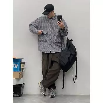 2024 Рубашка мужская с длинным рукавом осень корейский стиль красивый гонконгский стиль ретро свободная повседневная клетчатая рубашка пальто M хаки