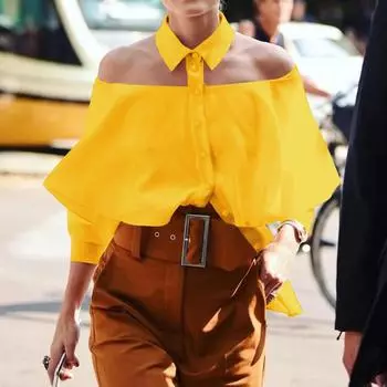 2024 Рубашки с открытыми плечами Celmia Винтажные топы с рукавами 3/4 Модные однотонные оборки, закрывающие лацканы Туника Шикарные уличные блузки Mujer S бежевый