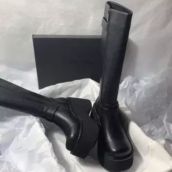 2024 Рыцарские сапоги на толстой подошве с пряжкой на ремне и высоким каблуком с боковой молнией 37 чёрный