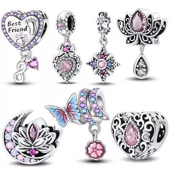 2024 S925 Стерлингового Серебра Классический Фиолетовый В Форме Сердца Лотос Ангел Подвески Бусины Подходит Оригинальные Браслеты DIY Ювелирные Изделия Женщины