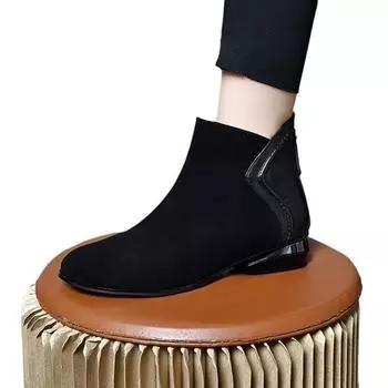 2024 Самые продаваемые осенне-зимние новые мягкие кожаные ботинки с флисом, шлифованные кожаные ботинки с круглым носком и низким каблуком 35 чёрный