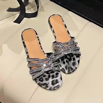 2024 сандалии большого размера со стразами, летние женские тапочки на плоской подошве с леопардовым принтом и круглой головкой 35 чёрный