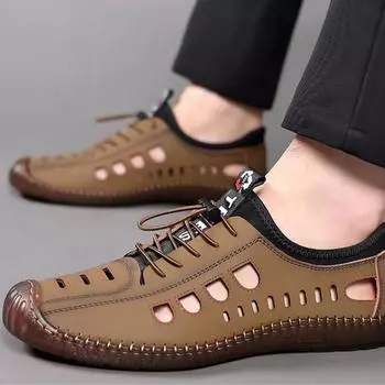 2024 сандалии для мужчин, весна-лето, новые мужские повседневные дышащие кожаные туфли с нескользящей мягкой подошвой 39 чёрный