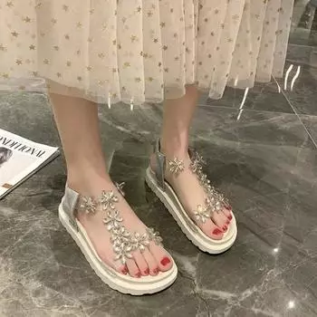 2024 Сандалии Летняя мода Новые мягкие подошвы Пляжная обувь Нескользящие прозрачные стразы Принцесса Сандалии 35 бежевый
