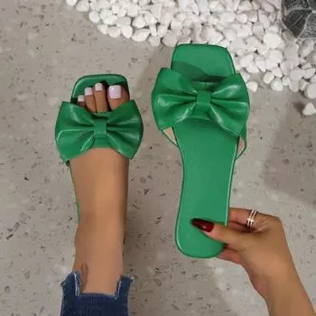 2024 Сандалии Модные летние Большие размеры Однотонные однотонные сандалии с бантом на плоской подошве Пляжные тапочки Элегантные женские туфли 35 зелёный