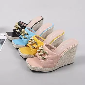 2024 сандалии с открытым носком, женская летняя обувь, модная обувь на платформе, элегантные женские сандалии на танкетке 10 см, желтый, черный, розовый 35 синий