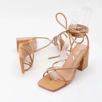 2024 Сандалии с перекрестными ремешками Женские сандалии на квадратном каблуке со шнуровкой Сексуальные летние гладиаторские сандалии с ремешком на щиколотке для женщин Сандалии на толстом каблуке 36 коричневый