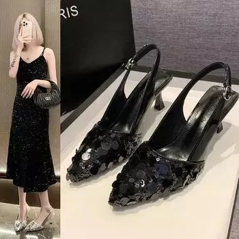 2024 Сандалии Sexys Ostentosas Para Mujer, Zapatos De Tacn Alto Con Hebilla Y Punta Puntiaguda, Chanclas De Lujo Para Exteriores 35 чёрный