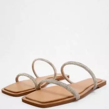2024 сандалии, женская обувь, серебряные стразы, пляжные женские тапочки с тонким ремешком на плоской подошве 35 бежевый