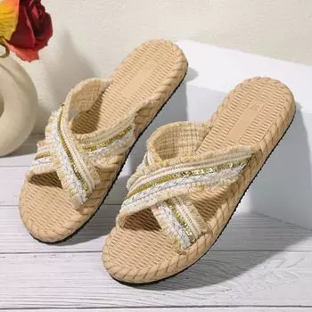 2024 Сандалии женские новые тапочки летние Cross Drag модные пеньковые веревочные верхние тапочки повседневные сандалии и тапочки 36 бежевый