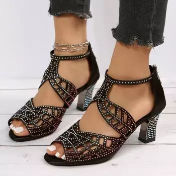 2024 Сандалии женские остроносые гладиаторы женские туфли на высоком каблуке с отверстиями летние туфли со стразами модные женские туфли Fishmouth 36 чёрный