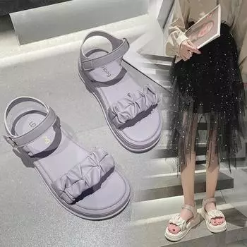 2024 Сандалии женские туфли мягкие универсальные прозрачные каблуки новые модные для девочек на плоской подошве бежевые удобные пляжные летние римские кроссовки с липучкой C 35 бежевый