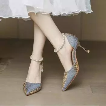 2024 Sandals Comfort Shoes for Women High Heels Espadrilles Platform Med New High-heeled Stiletto Lacquered Retro Wedding Pointe 35 чёрный