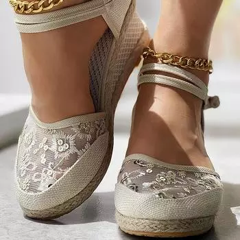 2024 Sandlias Femininas Вышитые плетеные эспадрильи с ремешком на щиколотке, сетчатые, с пайетками, женские, на высоком каблуке 6 см, дышащая обувь 34 бежевый