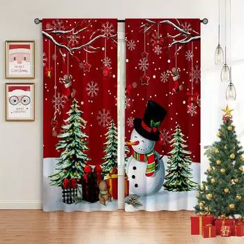 2024 Санта-Клаус С Новым годом Рождественская елка Красная зеленая Детская спальня Гостиная Домашнее украшение Шторы 50W130H(CM)X2PCS&Grommet Top