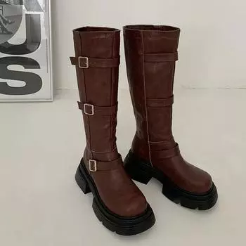 2024 Сапоги до колена для женщин Мотоциклетные ботинки Женские Мотоциклетные ботинки с квадратной металлической пряжкой Женская обувь в стиле панк Botas Mujer 35 чёрный