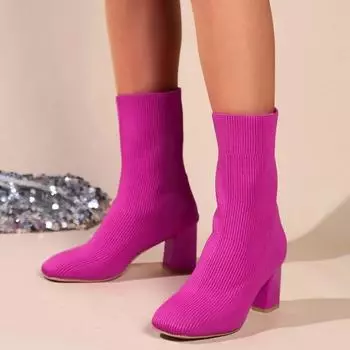 2024 Сапоги-носки Осенняя обувь Женские повседневные однотонные ботильоны без застежек Модные туфли с круглым носком Туфли для вечеринок Квадратный каблук Высокие каблуки 35 бежевый
