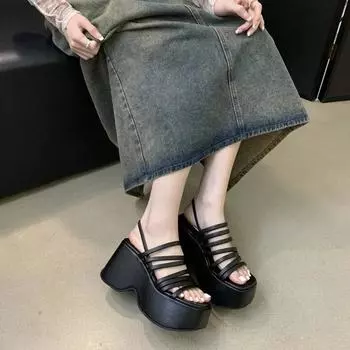 2024 Серебряные босоножки на танкетке Женские туфли на платформе Черные туфли на высоком каблуке Гладиаторские босоножки на толстом каблуке Летние босоножки на танкетке Zapatos De Mujer 8 бежевый