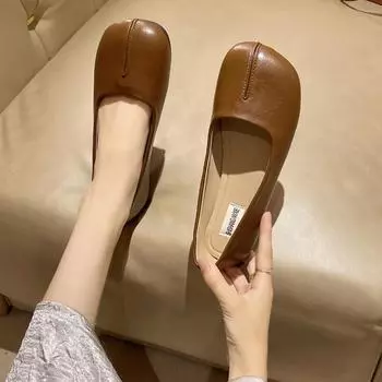 2024 Серебряные кожаные туфли на плоской подошве с раздельным носком, женские туфли Мэри Джейн, удобные туфли-лодочки с ремнем на щиколотке, мокасины 35 бежевый