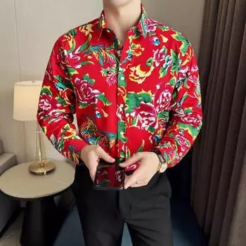 2024 Северо-Восточный Большой Цветочный Дизайн Мужская Рубашка Китайский Стиль Рубашки С Длинным Рукавом Топы На Пуговицах Трендовая Уличная Одежда Повседневная Мужская Оверсайз 8XL M красный