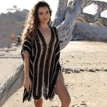 2024 сексуальное ажурное мини-платье с глубоким V-образным вырезом в полоску, связанное крючком, женская летняя одежда больших размеров, пляжная одежда, купальник, накидка Q1369 one size чёрный