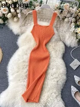2024 сексуальное летнее вязаное платье на бретелях, женское облегающее платье на бретельках с эластичной талией, женское пляжное платье миди с разрезом на спине One Size оранжевый