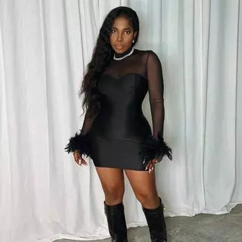 2024 сексуальное сетчатое черное платье с перьями, женская сумка с длинным рукавом, мини-короткое платье на бедрах, водолазка, вечерняя клубная одежда 30584 S чёрный