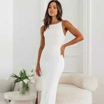 2024 сексуальное женское длинное платье с рюшами без рукавов тонкое однотонное летнее вечернее платье с разрезом на спине клубная одежда женские наряды Vestido S чёрный