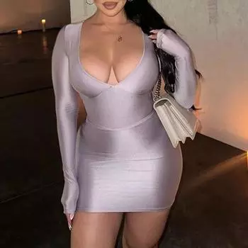 2024 сексуальное женское платье с длинным рукавом и глубоким вырезом, однотонное летнее облегающее платье с v-образным вырезом, Y2k, тонкая клубная одежда для вечеринок 30580 S орион