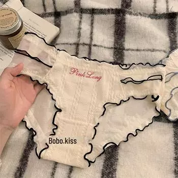 2024 Сексуальные трусы в японском стиле со средней посадкой, ажурным дизайном и промежностью из чистого хлопка One size ярко-розовый/кремовый