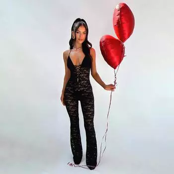 «2024 Сексуальный кружевной комбинезон с открытой спиной и бретелькой через шею» Medium розовый