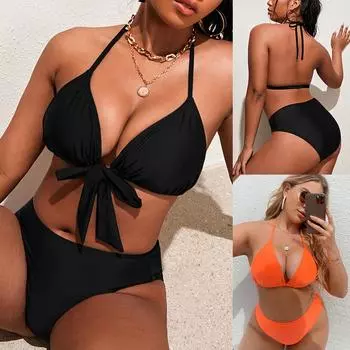 2024 сексуальный купальник больших размеров, комплект бикини, женский однотонный купальник на шнуровке с лямкой на шее, однотонный купальник бикини 0XL чёрный