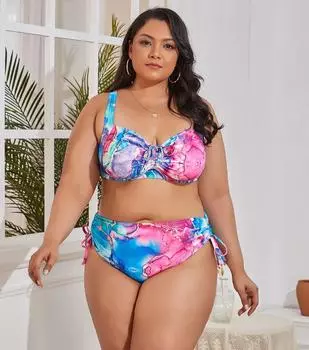 2024 сексуальный принт плюс размер купальники женские пуш-ап комплект бикини с высокой талией из двух частей купальник на шнуровке многоцветный пляжный купальный костюм L