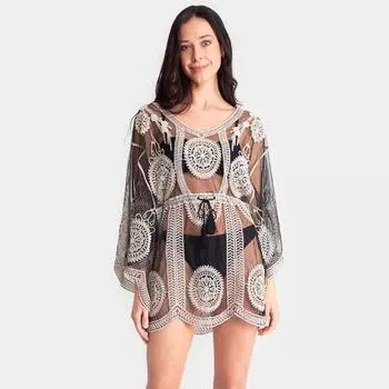 2024 сексуальная прозрачная накидка на бикини, белая кружевная туника, женская летняя пляжная одежда, купальник, накидка, прозрачное мини-платье One size чёрный