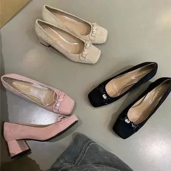 2024 Shallow Mouth Velvet Shoes Women Gold Heels 2024 Brief Pumps Chunky Sandals Footwear Slip On Square Toe Lace-Up Latest Casual S 35 чёрный