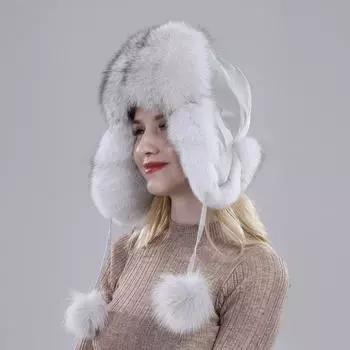 2024 шапки из 100% натурального лисьего меха, женские русские шапки-ушанки-авиаторы, лыжные шапки-ушанки, зимняя шапка-бомбер из меха енота Adjustable 52cm-60cm серый