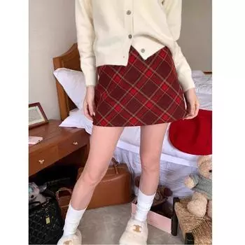 2024 Шерстяная клетчатая юбка А-силуэта с высокой талией для женщин