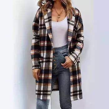 2024 шерстяное пальто плюшевая клетка среднее и длинное пальто с карманами пальто британское клетчатое пальто S чёрный