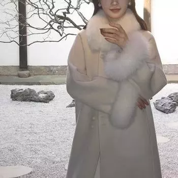 2024 шерстяное пальто женское осенне-зимнее пальто из искусственной шерсти шерстяное декоративное пальто средней и длинной длины S слоновая кость