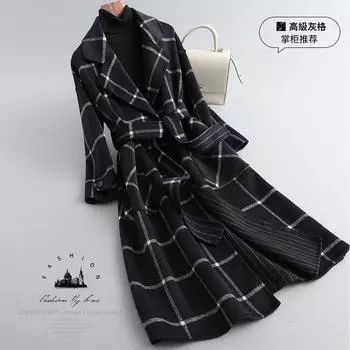 2024 шерстяное пальто женское зимнее новое свободное клетчатое пальто пальто S чёрный