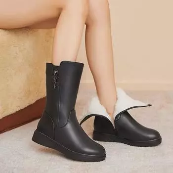 2024 Шерстяные сапоги до середины голени на плоской подошве: Плотный бархат, теплые, плоский каблук, большой размер, для людей среднего и пожилого возраста 42