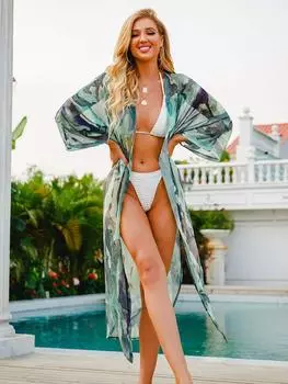2024 Шифоновая туника с принтом в стиле бохо, сексуальный купальный костюм, накидки, летняя пляжная одежда, платье-кимоно, женский летний купальник, накидка S зелёный