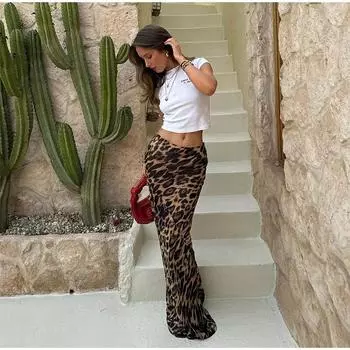 2024 шикарная юбка с высокой талией с леопардовым принтом, женская мода, узкие юбки длиной до пола, весна-лето, женская сексуальная уличная одежда S коричневый