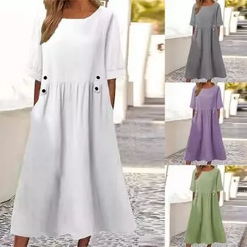2024 Шикарное платье с круглым вырезом, дышащее хлопковое льняное женское платье, уличная одежда для женщин M белый